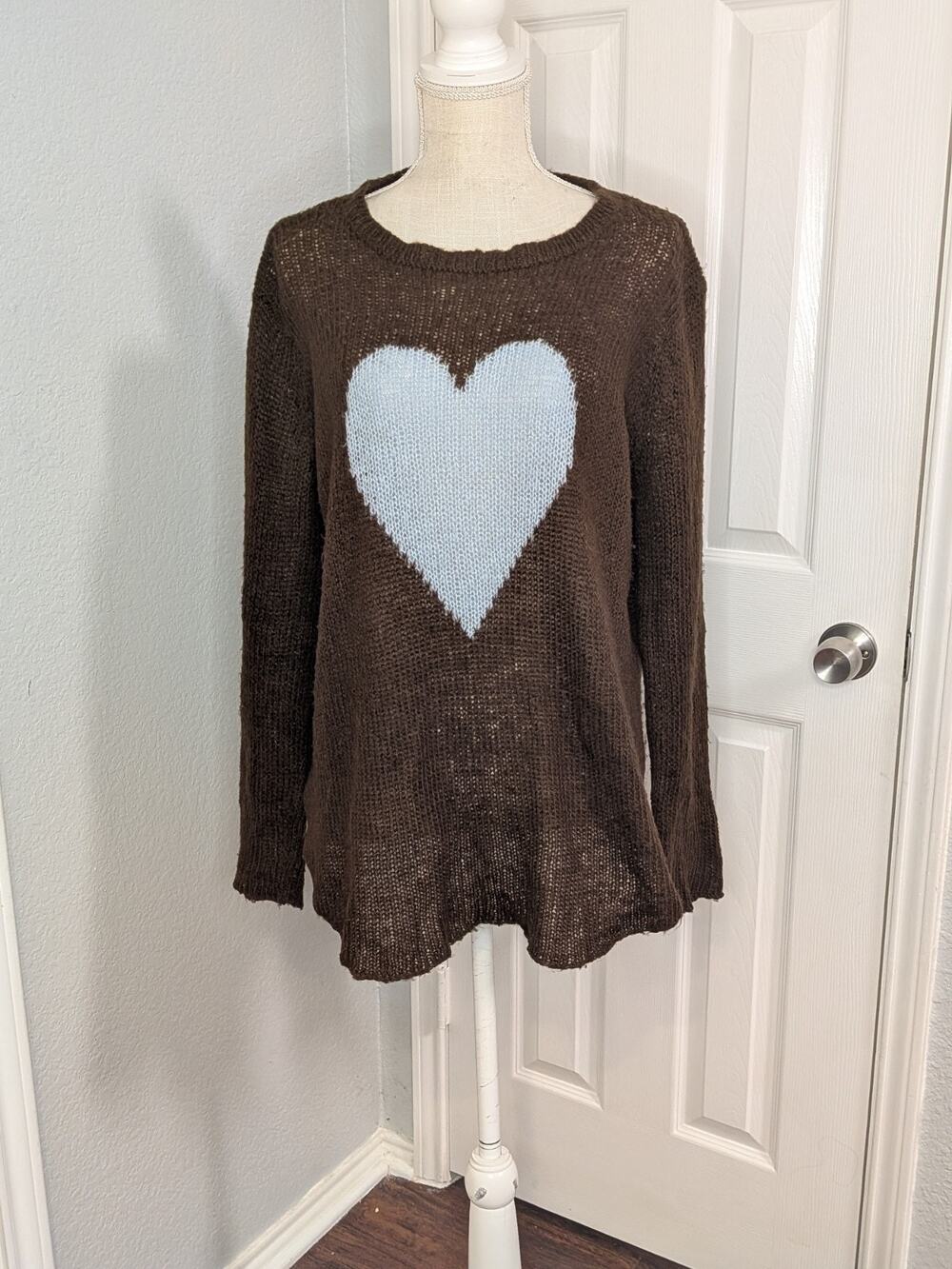 Wooden Ships Sweater Womens M/L Brown Heart Pullover Mohair Wool Blend Open Knit